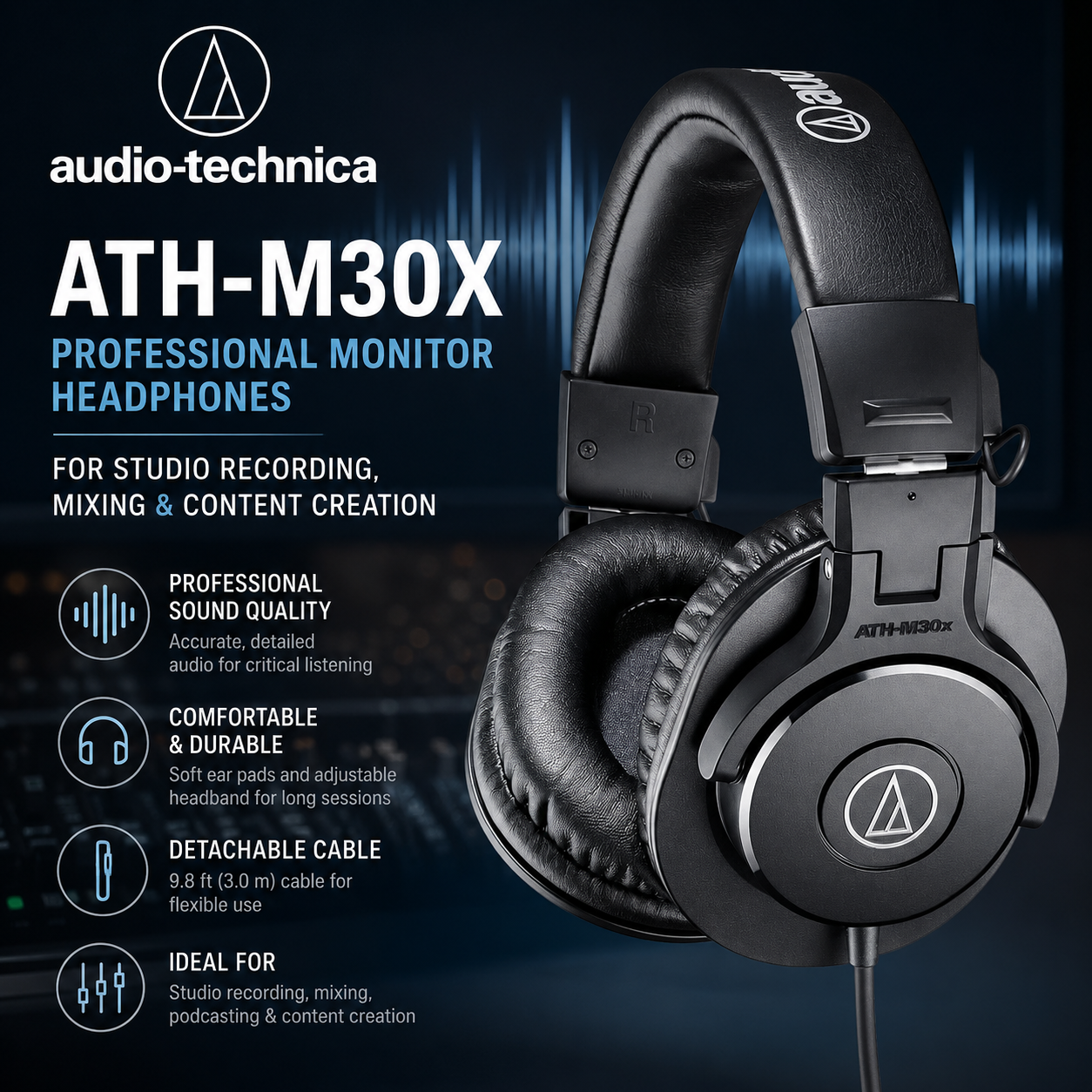 Audio-Technica ATH-M30X 专业监听耳机｜录音室监听、混音与音乐制作耳机