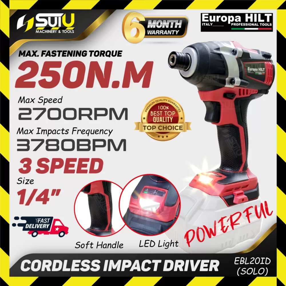 EUROPA HILT EBL20ID 20V 250NM Cordless Impact Driver with Brushless Motor 2700RPM (SOLO - No Battery & Charger)