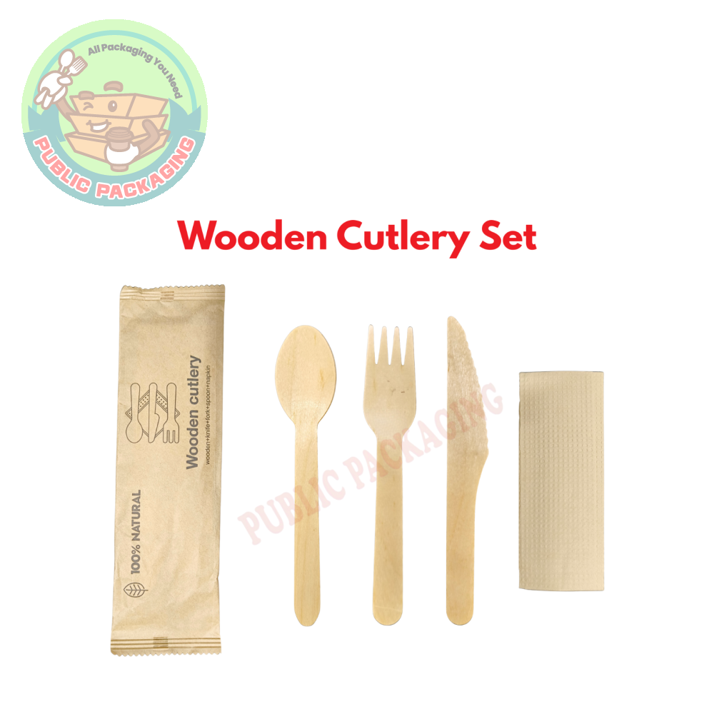 Wooden Cutlery 16cm Individual Pack Spoon / Fork / Knife / Napkin (1set) Disposable Sudu Garpu Pisau Tisu