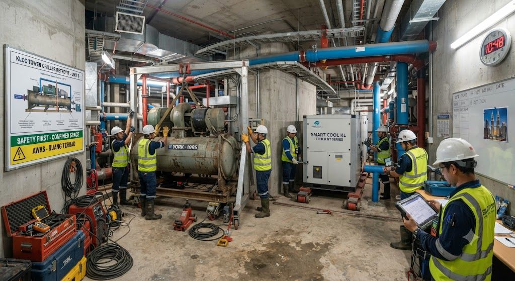 Tight space commercial chiller retrofitting KL
