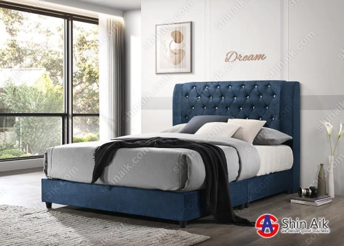 DB58576 (6"HB) Blue Marble Velvet Double Layer Diamond Buttons Tufted Double Divan Bed