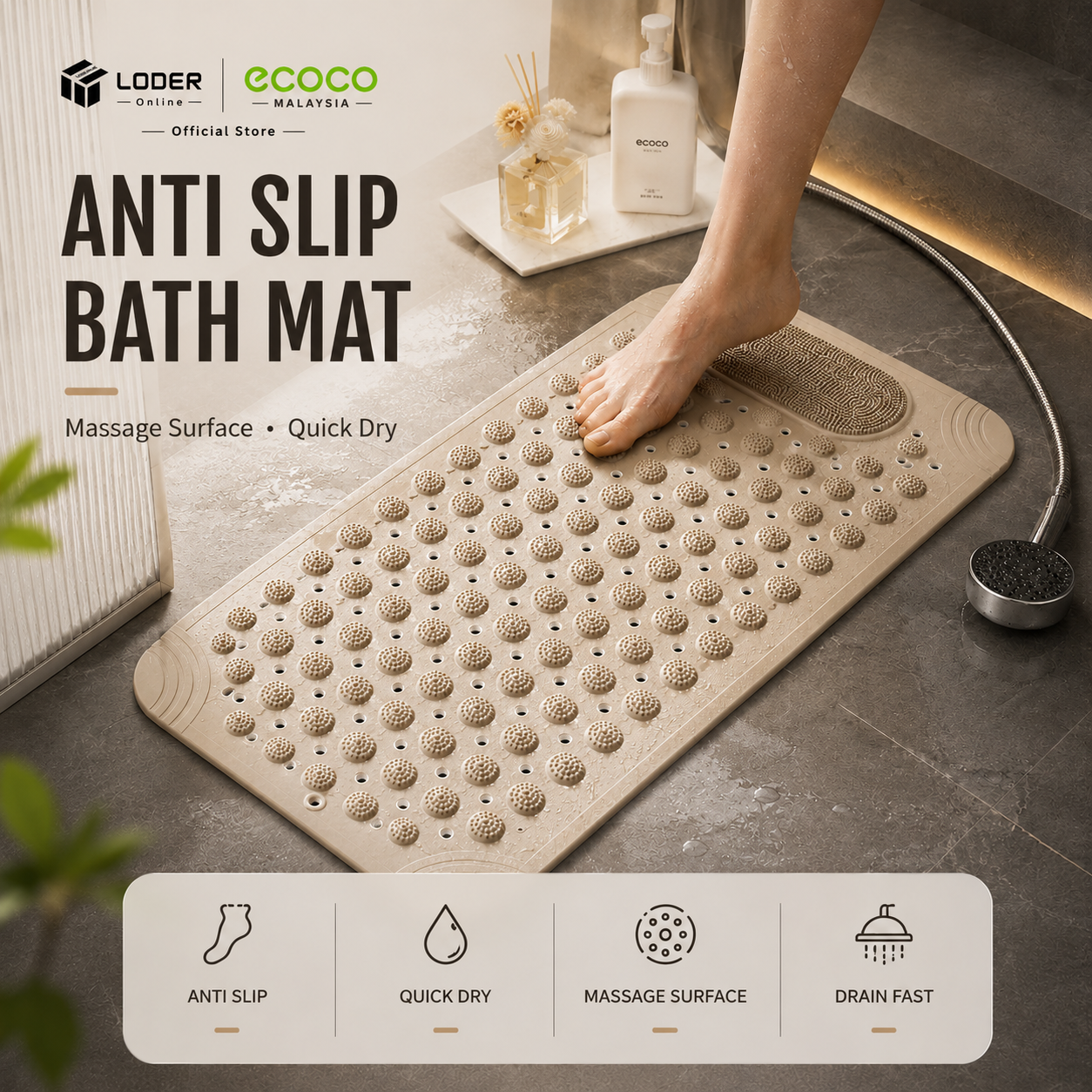 LODER ECOCO Anti Slip Bath Mat PVC Bathroom Shower Mat Massage Drain Fast Dry Floor Mat