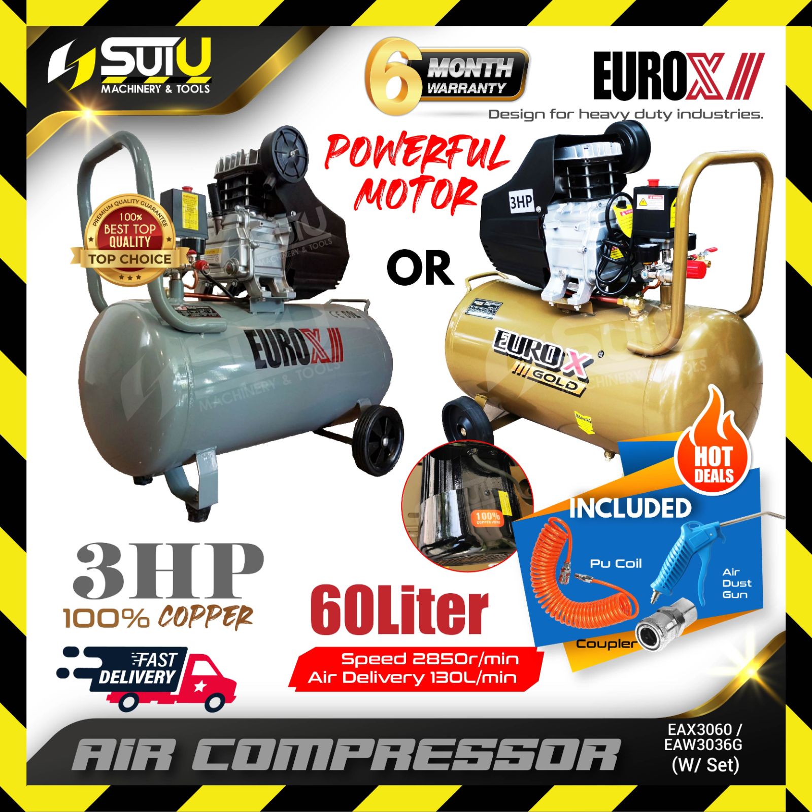 [READY STOCK, ORIGINAL] EUROX GOLD EAW3060G / EAW3060 / EAX3060 / EAX-3060 60L 3HP Direct Driven Air Compressor 2850RPM w/ Package