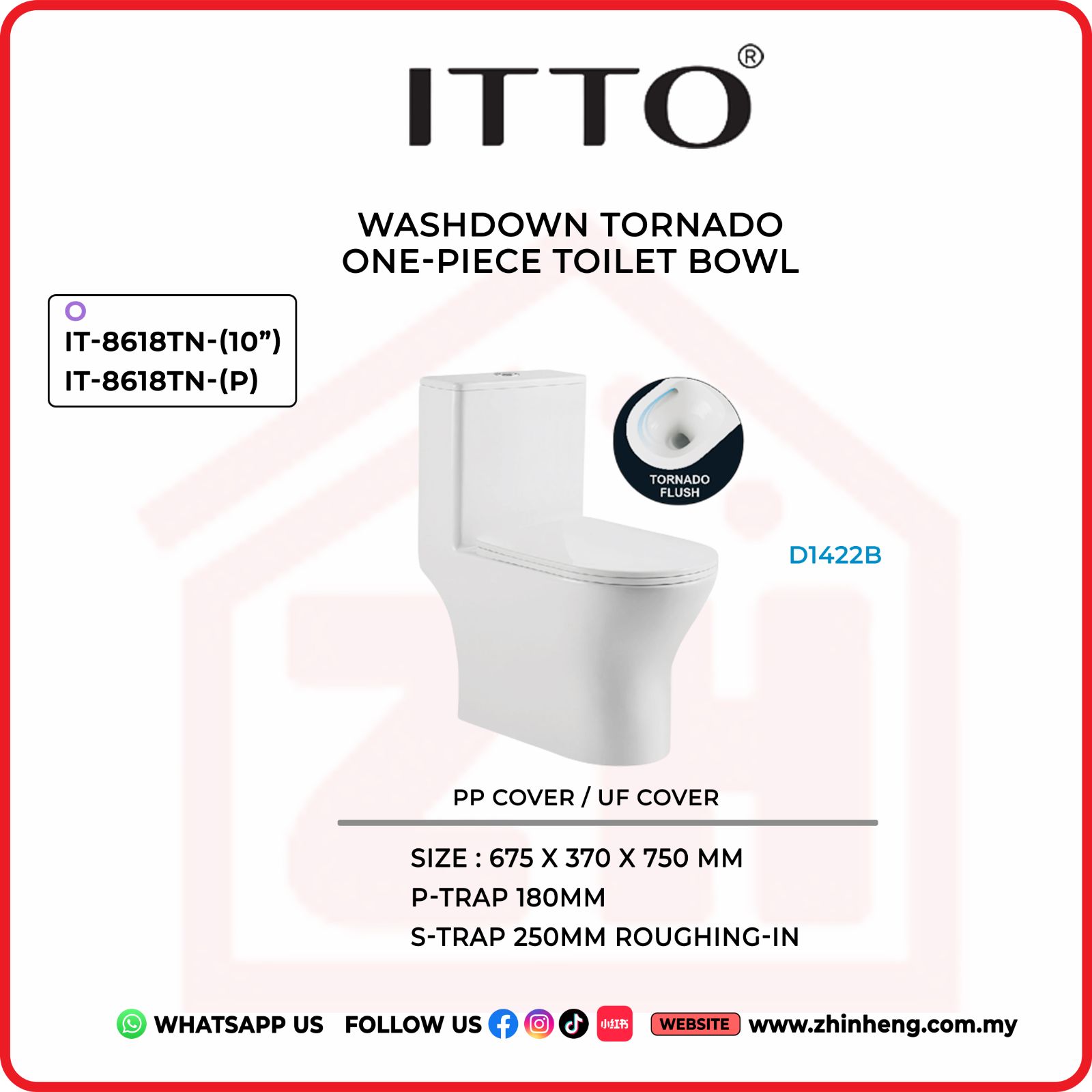 ITTO WASHDOWN TORNADO ONE PIECE TOILET BOWL IT-8618TN-(10") + IT-8616TN-(P)