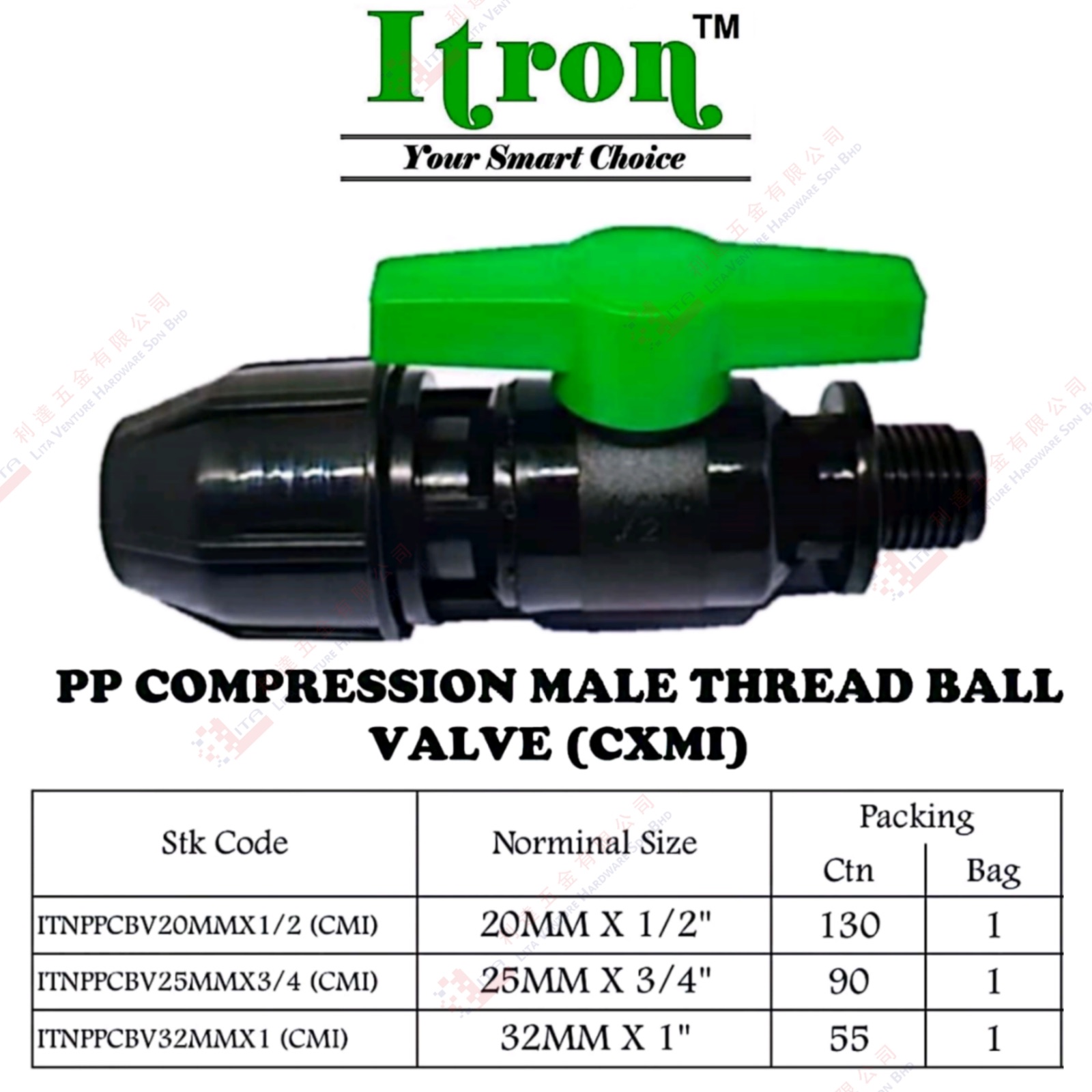 ITRON BRAND PP COMPRESSION MALE THREAD BALL VALVE CXMI - ITNPPCBV20MMX12 ITNPPCBV25MMX34 ITNPPCBV32MMX1