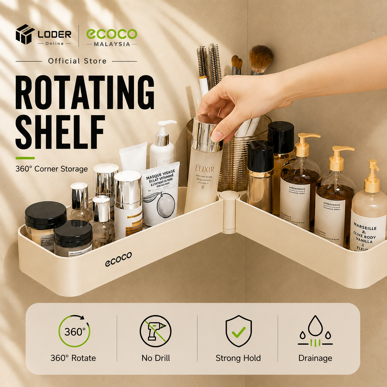 LODER ECOCO Rotating Corner Shelf Wall Mounted Bathroom Organizer No Drill Shower Storage Rack