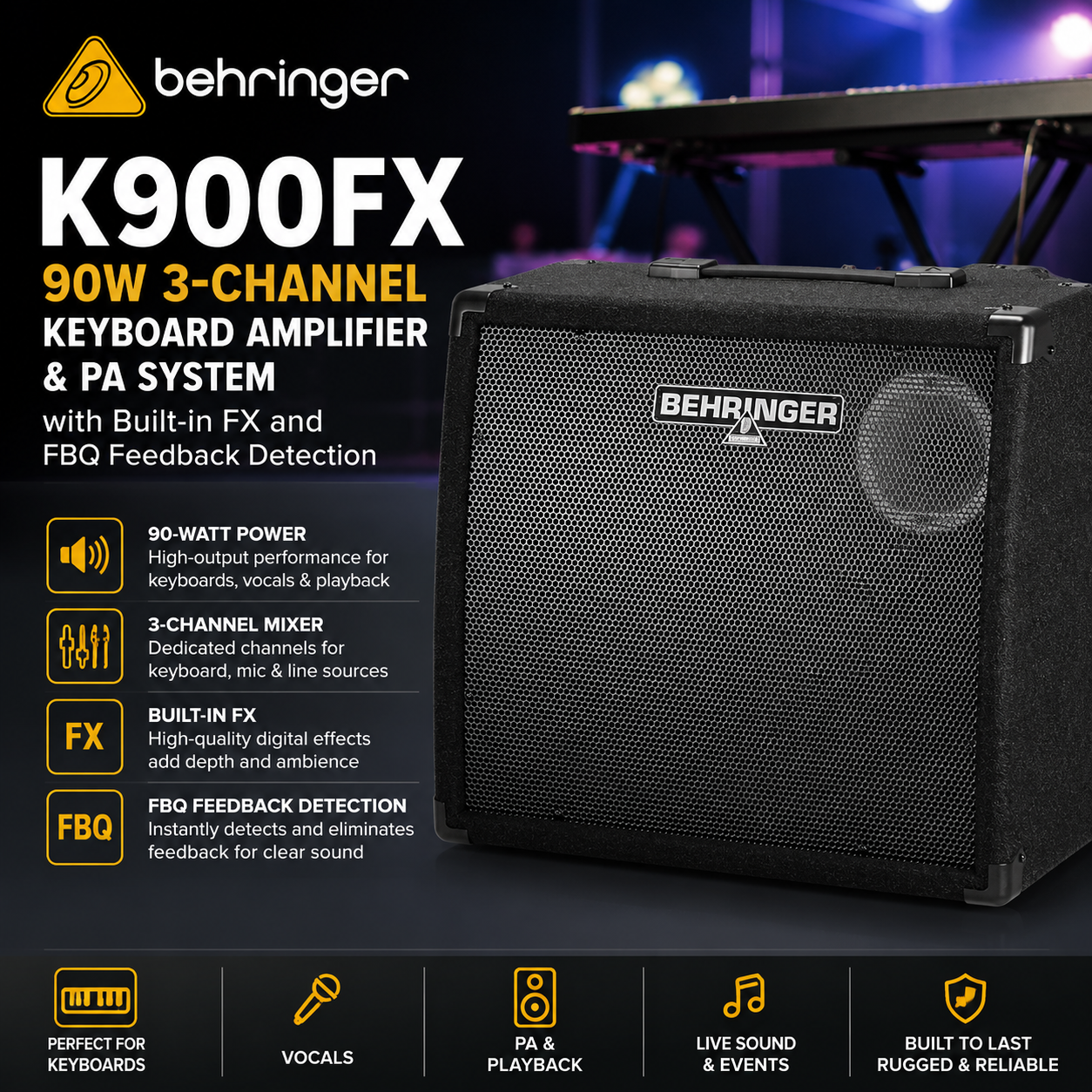 Behringer K900FX – 90W 3-Channel Keyboard Amplifier & PA System with Built-in FX and FBQ Feedback Detection