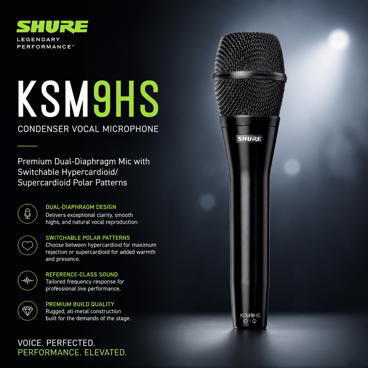 Shure KSM9HS Mikrofon Vokal Pemeluwap – Mikrofon Dwi-Diafragma Premium dengan Corak Kutub Boleh Tukar Hiperkardioid/Superkardioid