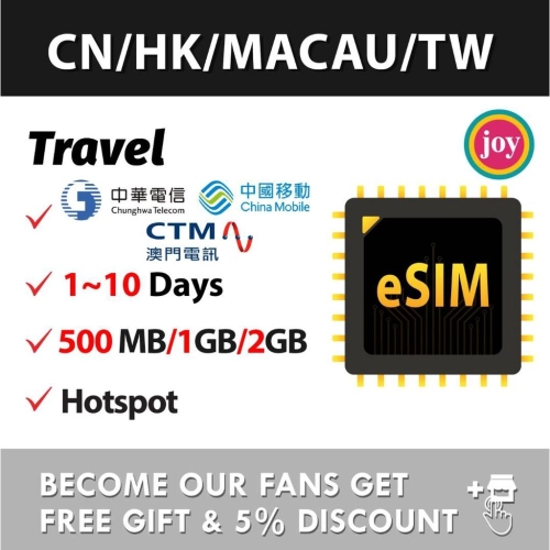 eSIM【China + Hong Kong + Macau + Taiwan】China Hong Kong Macau Taiwan Travel Prepaid Sim Card UNLIMITED GB 中国香港澳门台湾上网卡