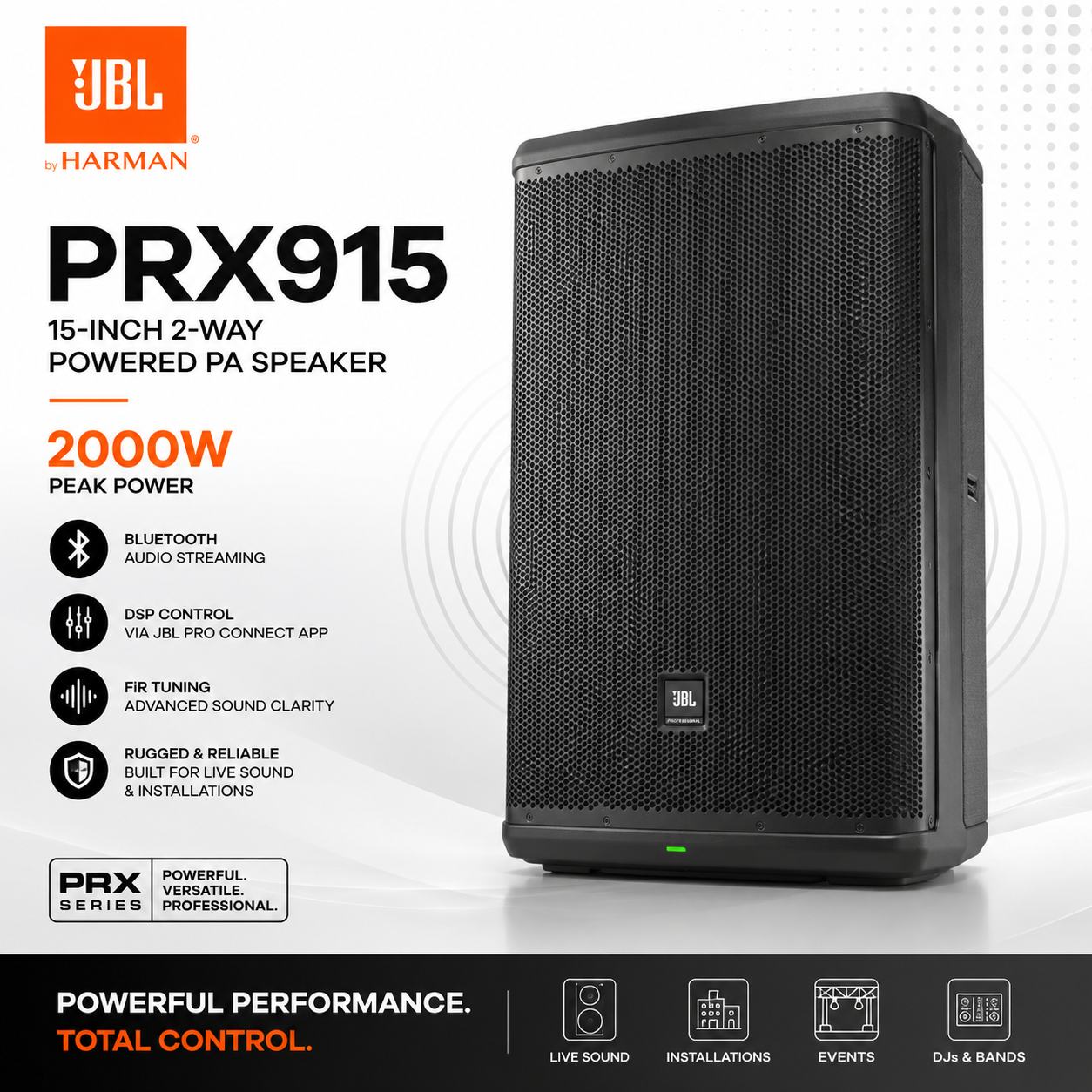 JBL PRX915 – Pembesar Suara PA Berkuasa 15 Inci 2-Hala 2000W dengan Penstriman Bluetooth, Kawalan DSP & Penalaan FiR untuk Bunyi Langsung dan Pemasangan