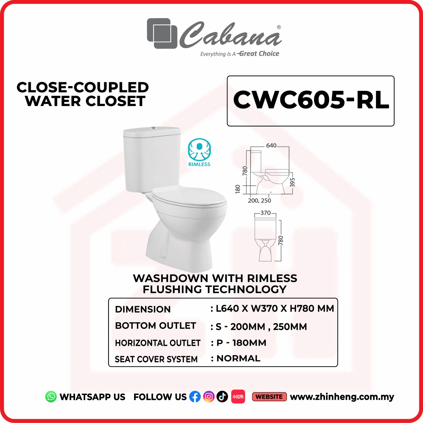 CABANA CWC605-RL CLOSE-COUPLED WATER CLOSET WASHDOWN WITH RIMLESS FLUSHING TECHNOLOGY