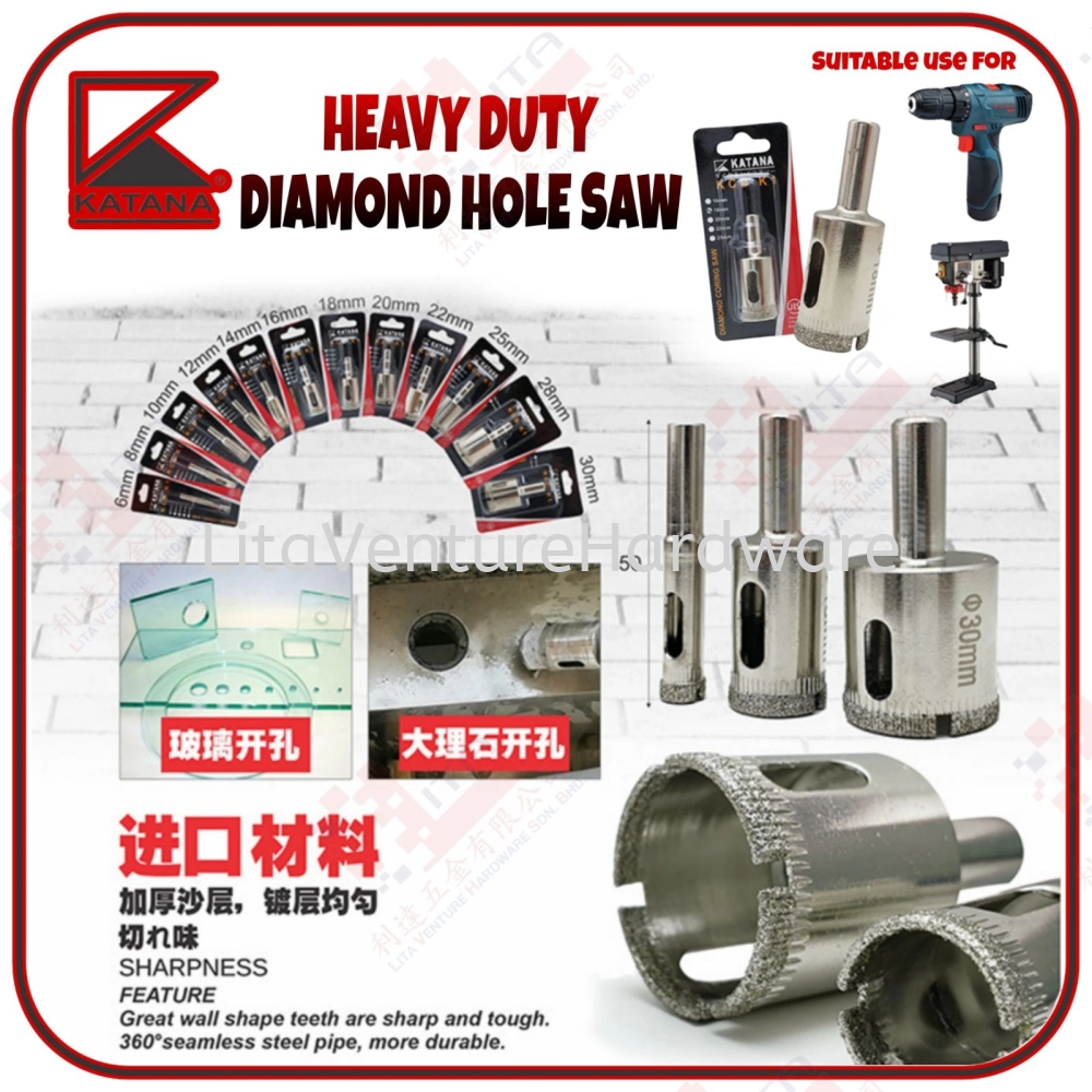 KATANA JAPAN HEAVY DUTY DIAMOND HOLE SAW 6MM 8MM 10MM 12MM 14MM 16MM 18MM 20MM 22MM 25MM 28MM 30MM