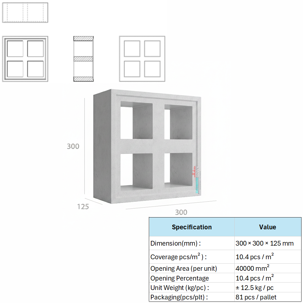 VENTILATION BLOCK VB-412.125 (LWH 300 x 125 x300 )mm