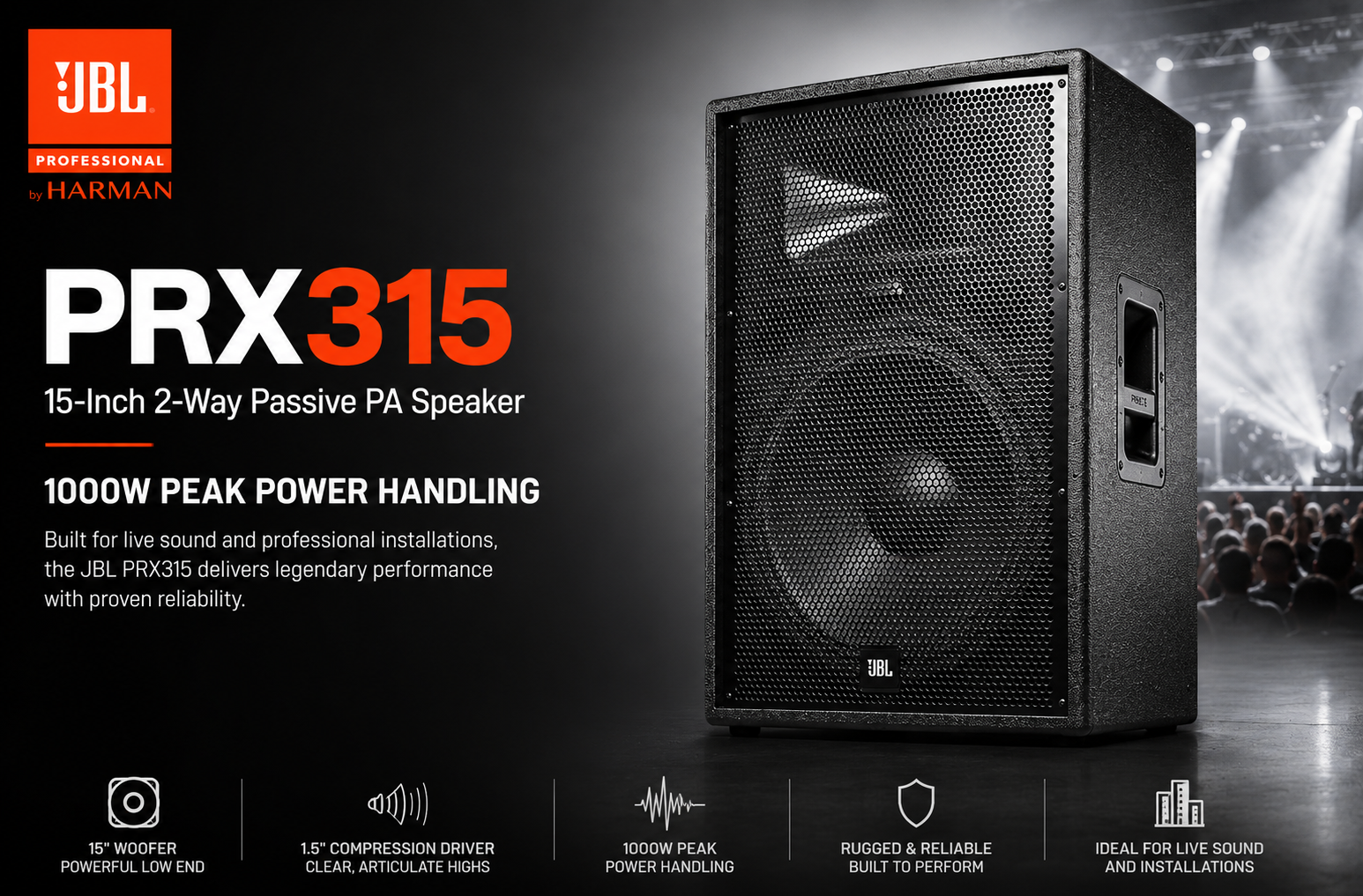 JBL PRX315 鈥 Pembesar Suara PA Pasif 2-Hala 15 Inci dengan Kuasa Puncak 1000W untuk Bunyi Langsung dan Pemasangan Tetap