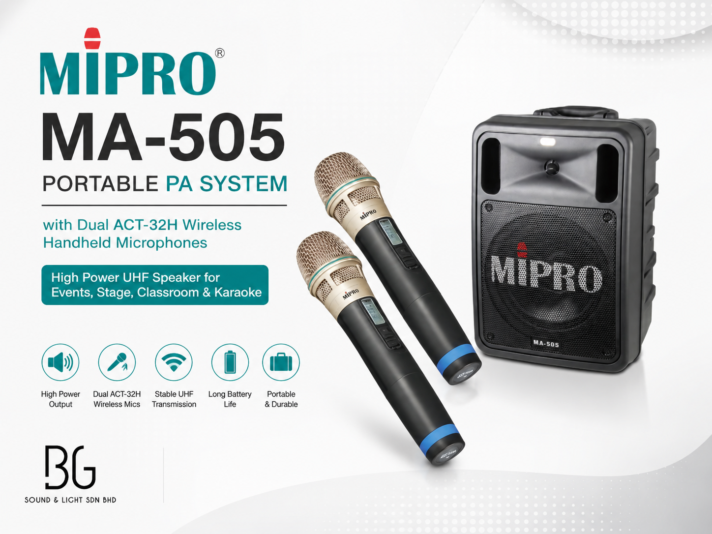 MIPRO MA-505 Portable PA System with Dual ACT-32H Wireless Handheld Microphones – High Power UHF Speaker for Events, Stage, Classroom & Karaoke