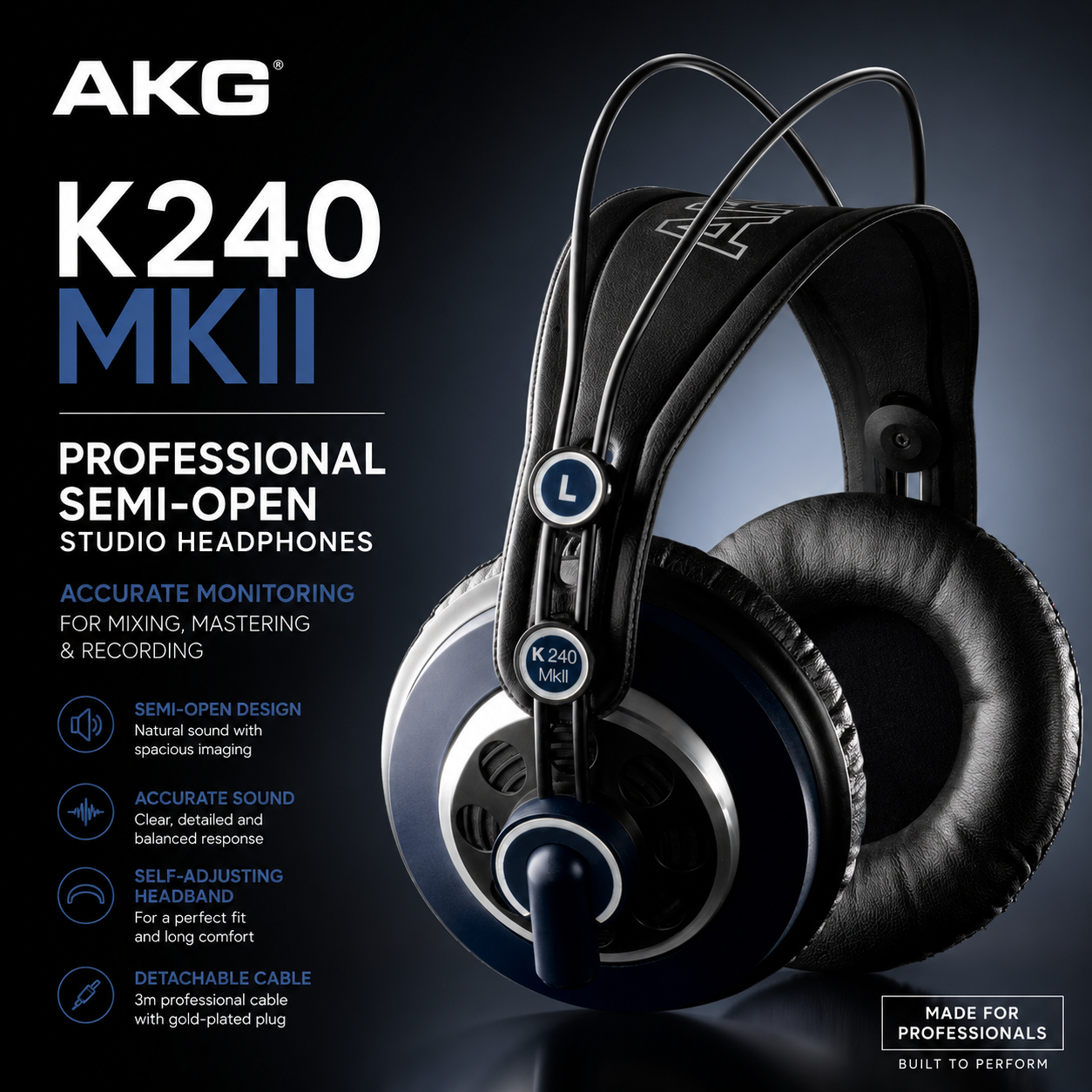 AKG K240MKII Fon Kepala Studio Separuh Terbuka Profesional 鈥 Pemantauan Tepat untuk Pencampuran, Mastering & Rakaman