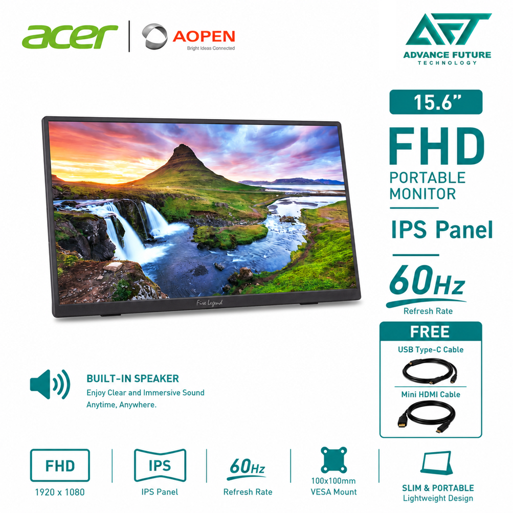 Acer AOPEN 16PM1QJ 15.6'' FHD IPS 60Hz Portable Monitor ( Speaker, mini HDMI, 2x USB-C, 3 Years Warranty )