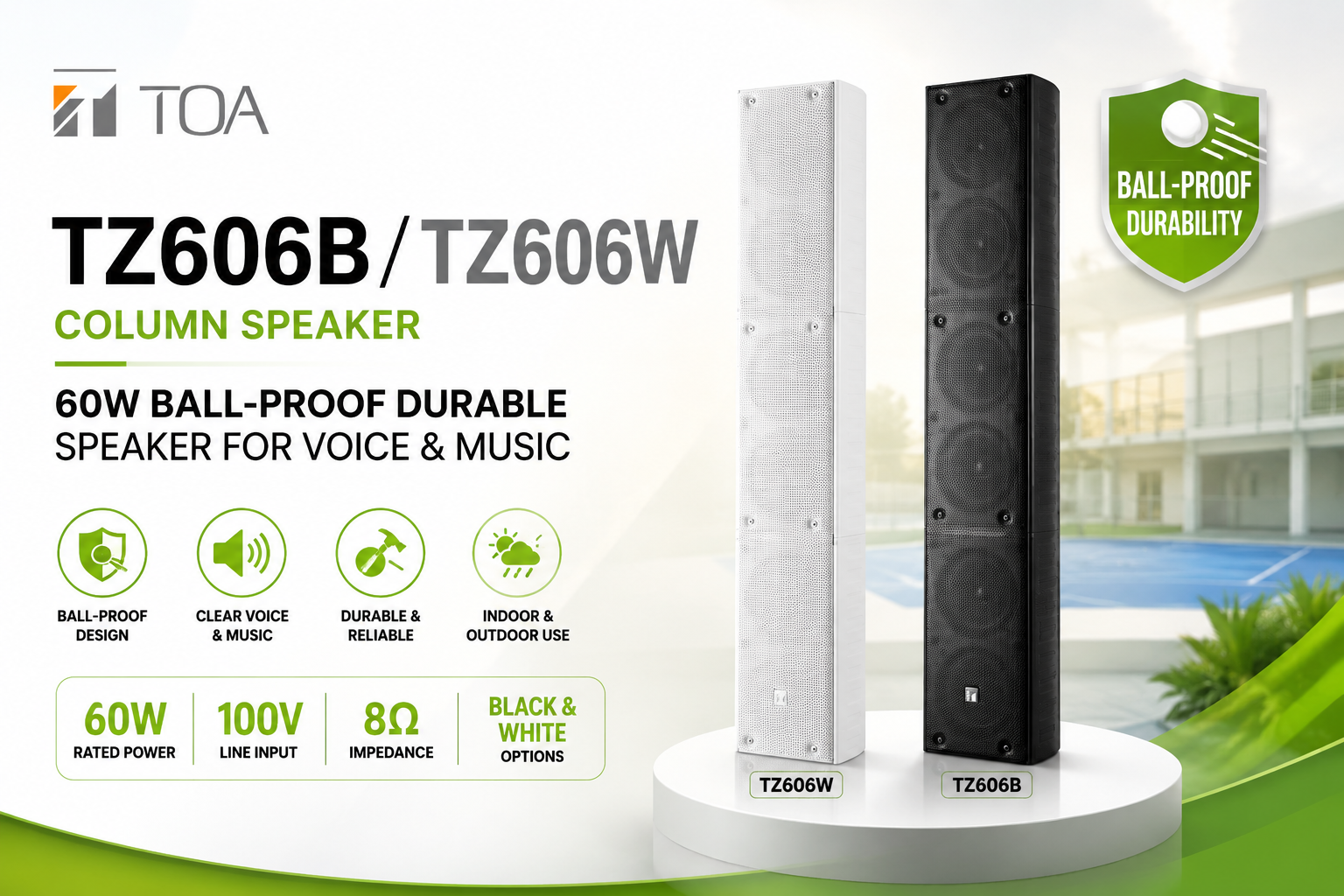 TOA TZ606B / TZ606W Column Speaker – 60W Ball-Proof Durable Speaker for Voice & Music (Black & White)