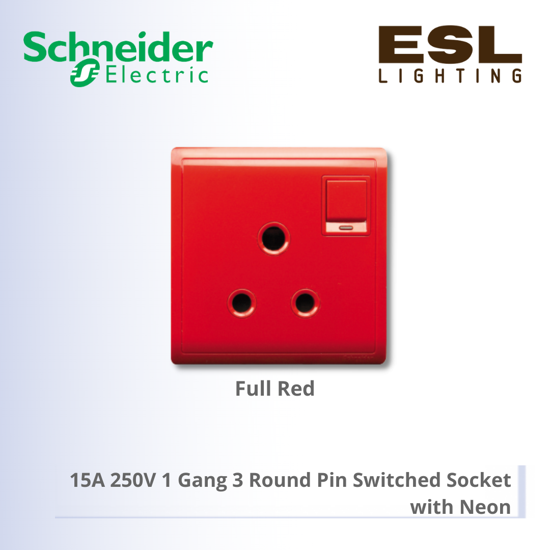 [DISCONTINUE] SCHNEIDER Pieno 15A 250V 1 Gang 3 Round Pin Switched Socket with Neon - E8215_15NC_RD_G11