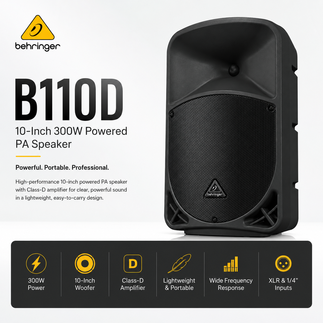 Behringer B110D – 10英寸300W有源PA音箱，配备D类功放与轻巧设计