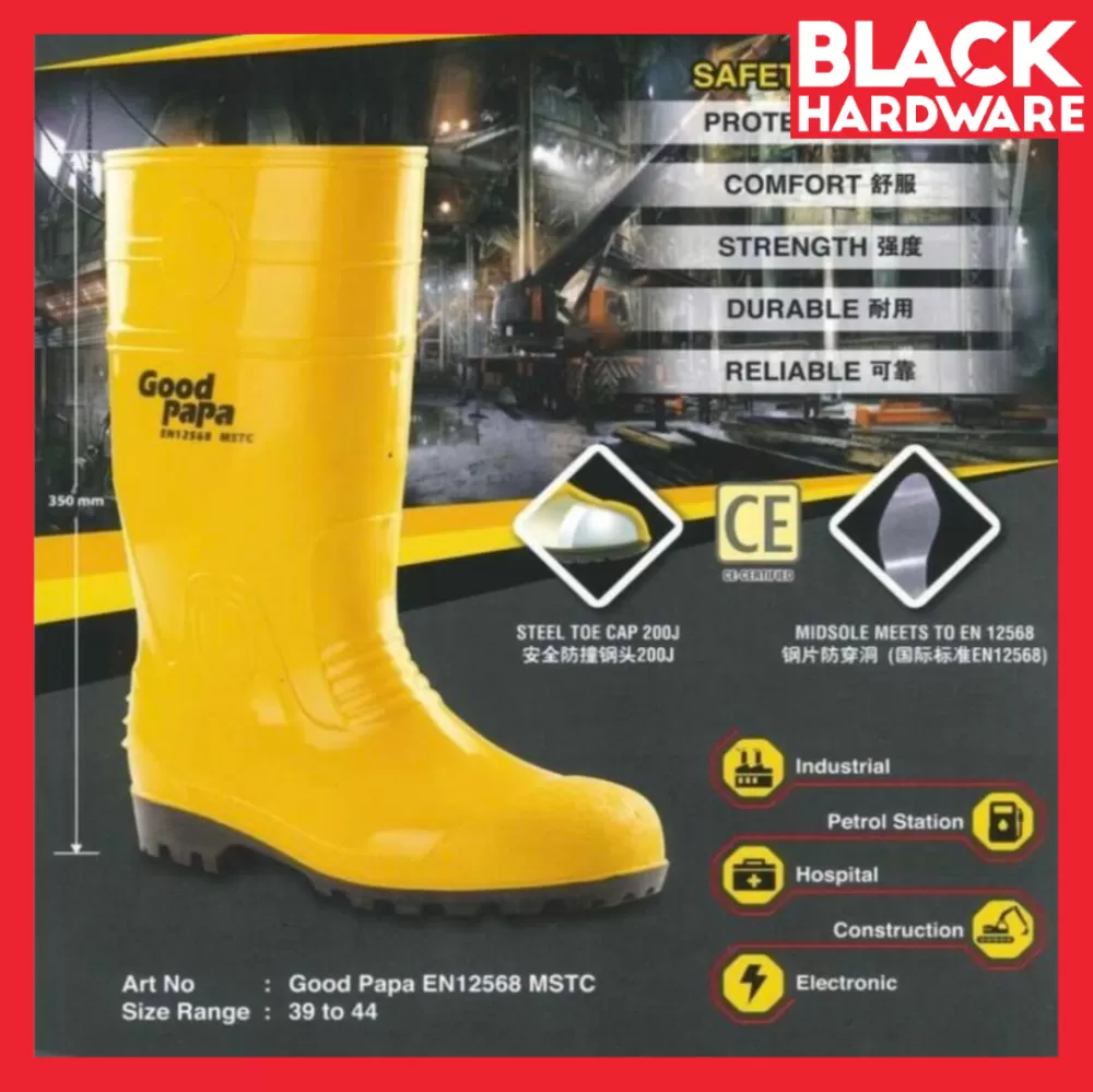BLACK HARDWARE OSPREY STEEL TOE CAP SAFETY RUBBER PVC RAIN BOOT SHOE KASUT GETAH TINGGI KERJA 工业 安全 水 雨 鞋