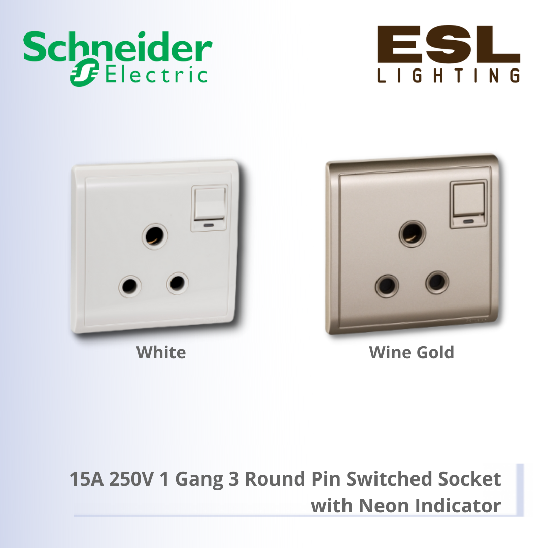 [DISCONTINUE] SCHNEIDER Pieno 15A 250V 1 Gang 3 Round Pin Switched Socket with Neon Indicator - E8215_15NC_WE_G11 E8215_15NC_WG_G11