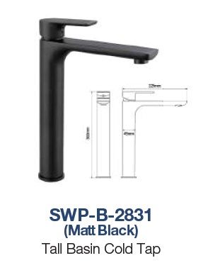 SWP-B-2831  Tall Basin Pillar Cold Tap - Brass MATT BLACK