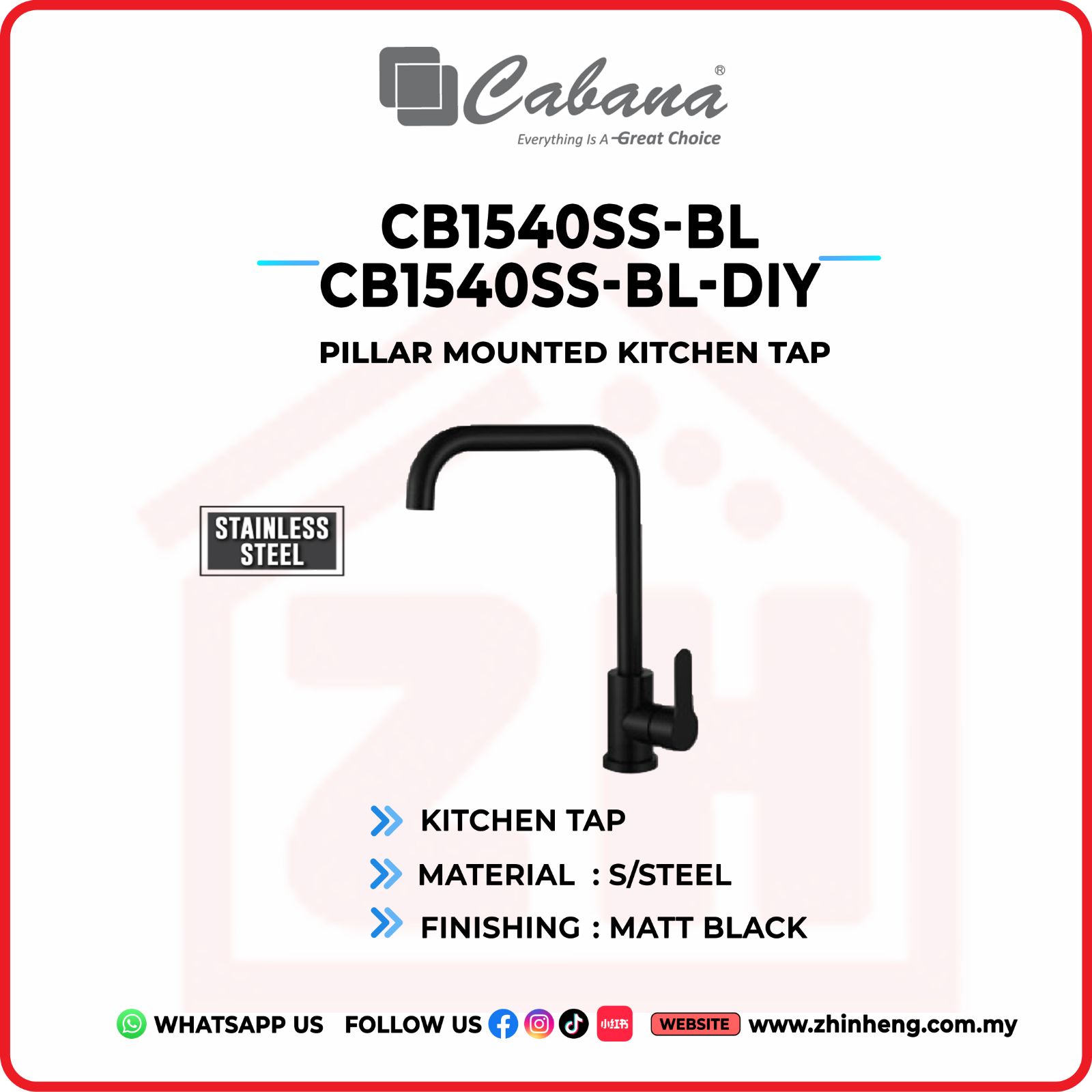 CABANA Pillar Mounted Kitchen Tap CB1540SS-BL & CB1540SS-BL--DIY