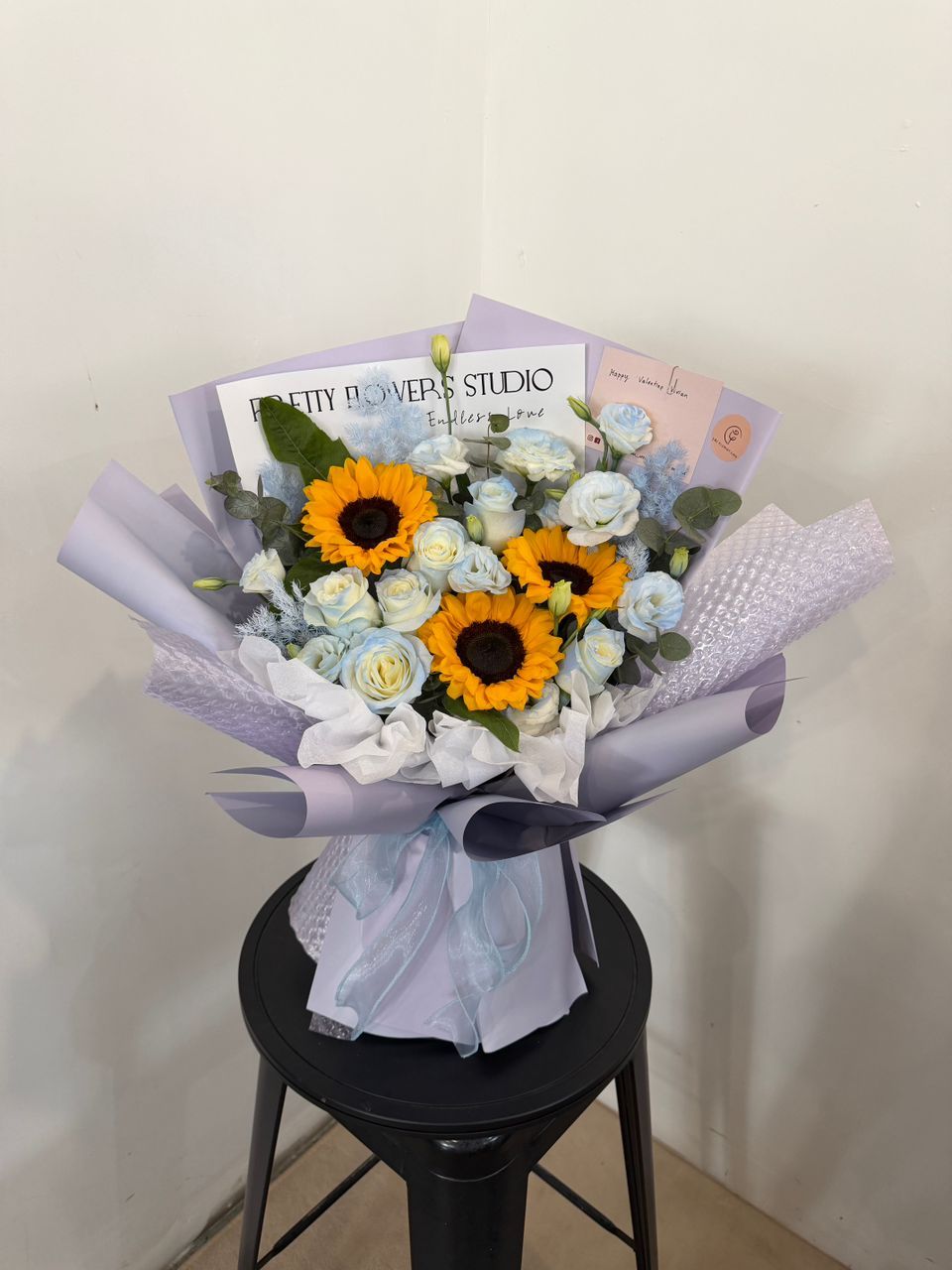 Fresh Sunflower with Roses and Eustoma