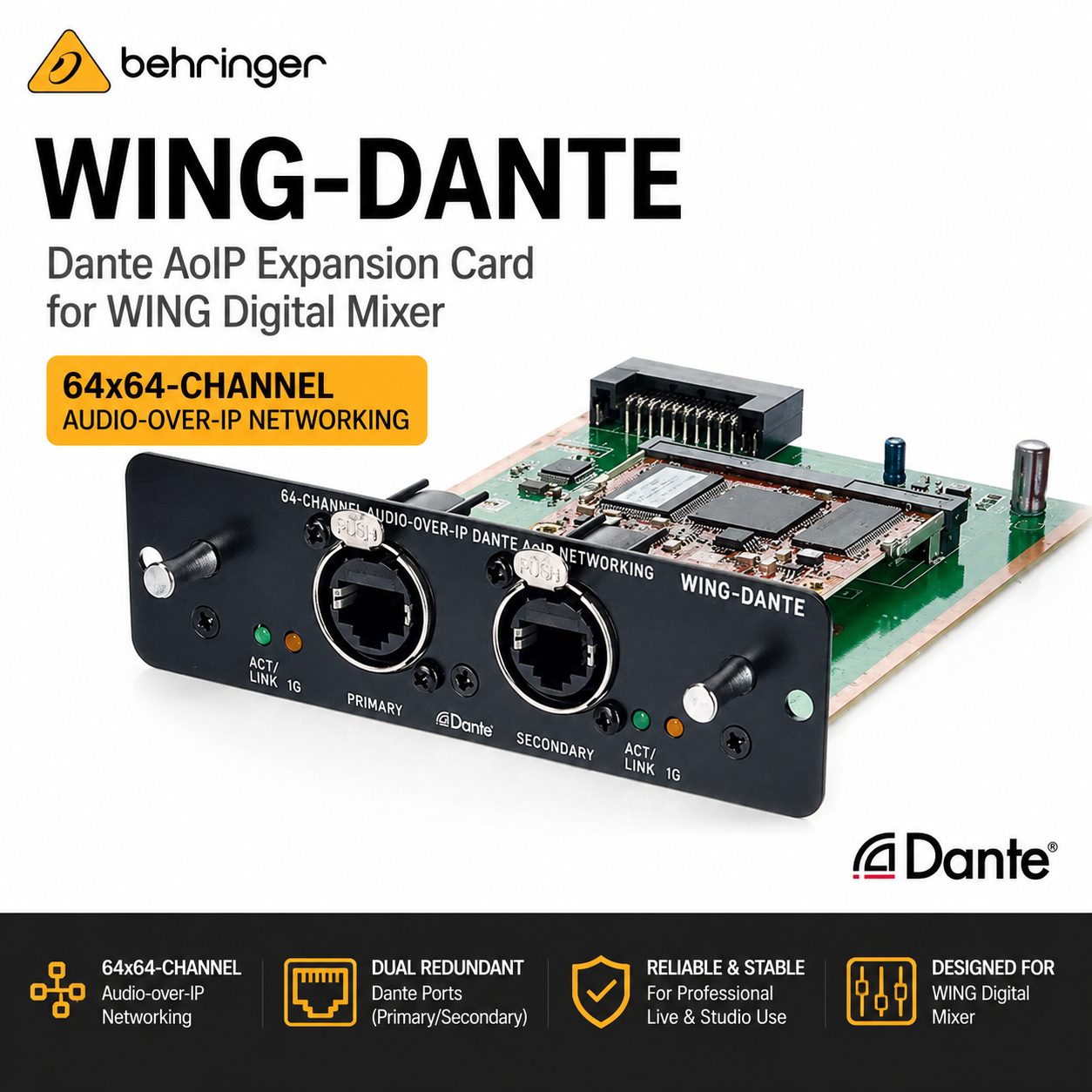 Behringer WING-DANTE – Dante AoIP Expansion Card for WING Digital Mixer (64x64-Channel Audio-over-IP Networking)