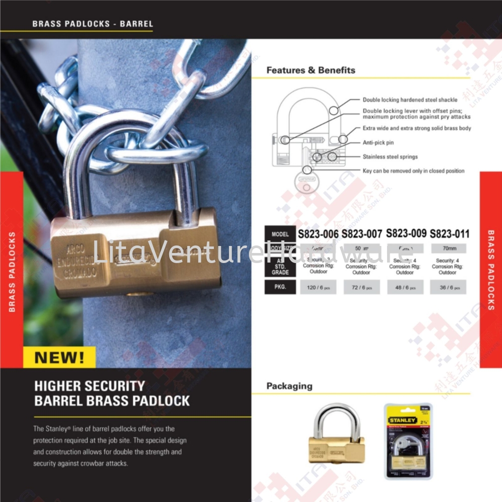 STANLEY BRAND BRASS PADLOCKS - S823006 S823007 S823009 S823011