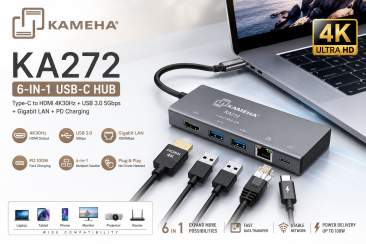 KAMEHA KA272 6合1 USB-C扩展坞 – Type-C转HDMI 4K30Hz + USB 3.0 5Gbps + 千兆网口 + PD快充