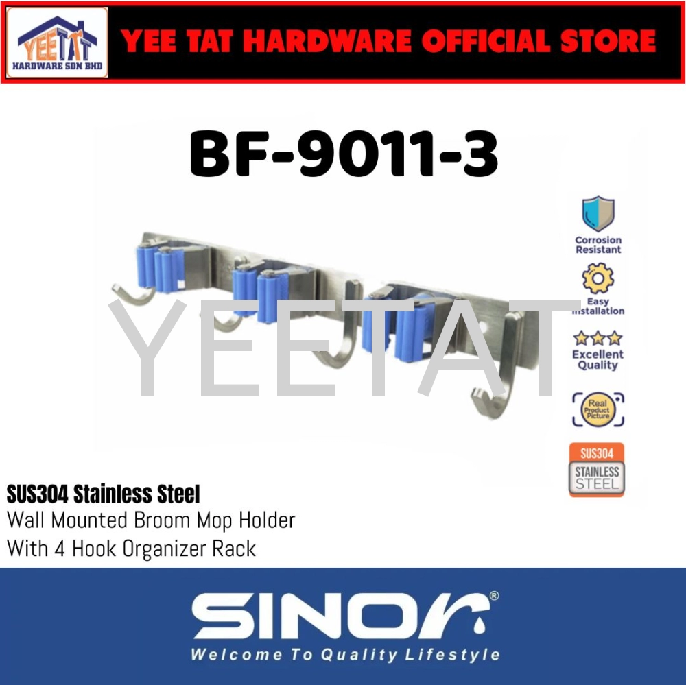 [ SINOR ] BF-9011-3 3-Slot SUS304 Stainless Steel Wall-Mounted Broom Holder And 4 Hook Organizer Rack