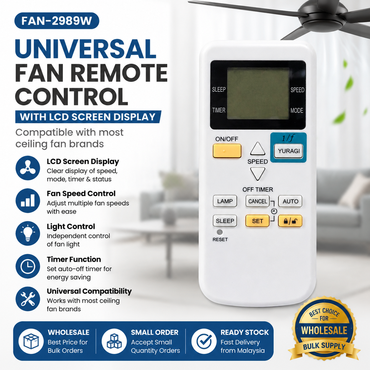FAN-2989W Universal Fan Remote Control with LCD Display | Wholesale Fan Remote Malaysia Supplier | Ready Stock & Small Order Support | Ceiling Fan Speed & Light Control