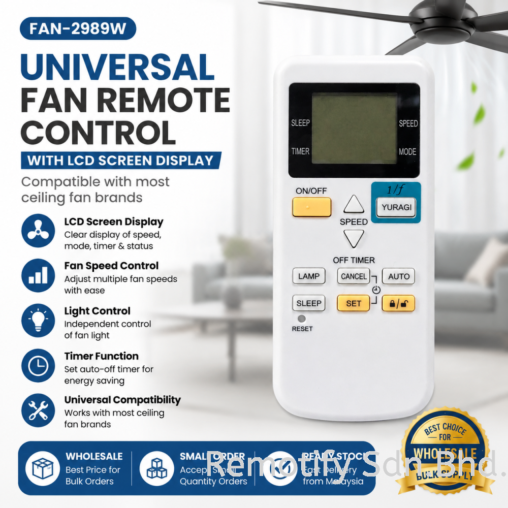 FAN-2989W Universal Fan Remote Control with LCD Display | Wholesale Fan Remote Malaysia Supplier | Ready Stock & Small Order Support | Ceiling Fan Speed & Light Control