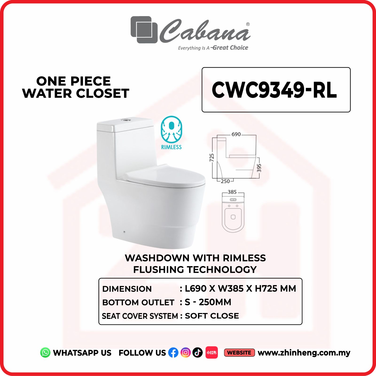 ONE PIECE CWC9349-RL WATER CLOSET WASHDOWN WITH RIMLESS FLUSHING TECHNOLOGY