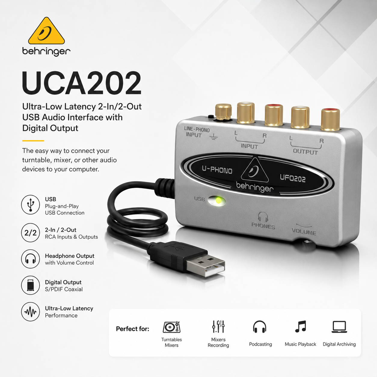 Behringer UCA202 – 超低延迟2进2出USB音频接口，带数字输出