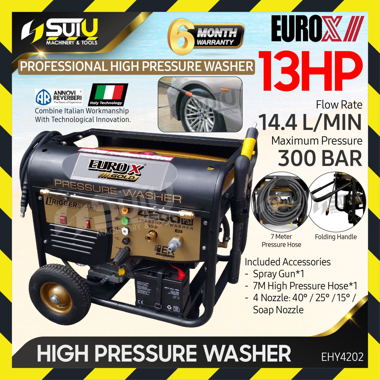 EUROX EHY4202 13HP 300Bar 4-Stroke Gasoline High Pressure Washer Cleaner / Pencuci Tekanan Tinngi with 4 Type Nozzle