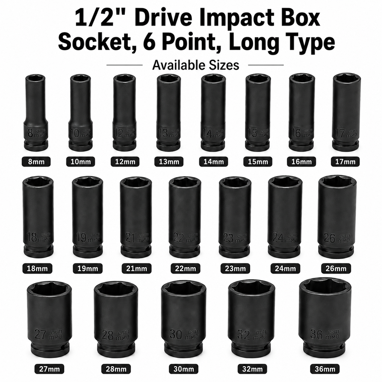 1/2″ Drive Deep Impact Box Socket, 6 Point, Long Type | TL-SO1B-[SIZE]L06