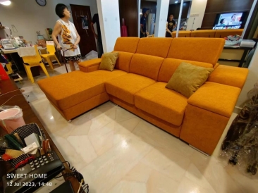 Orange L Shape Sofa Fabric | Modern Sofa with L Shape Design Hidden Storage | Sofa Furniture Store Penang Kedah Perak