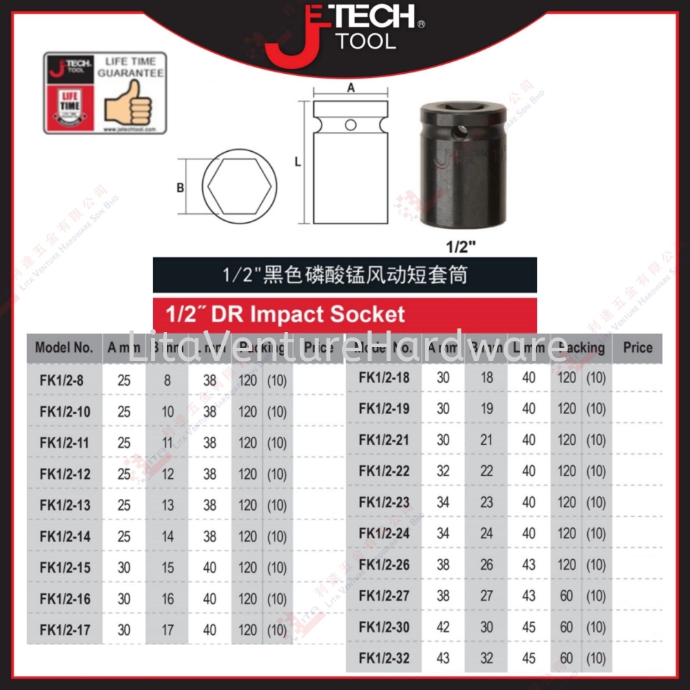 JTECH BRAND DR IMPACT SOCKET - FK128 FK1210 FK1211 FK1212 FK1213 FK124 FK1215 FK1216 FK1217