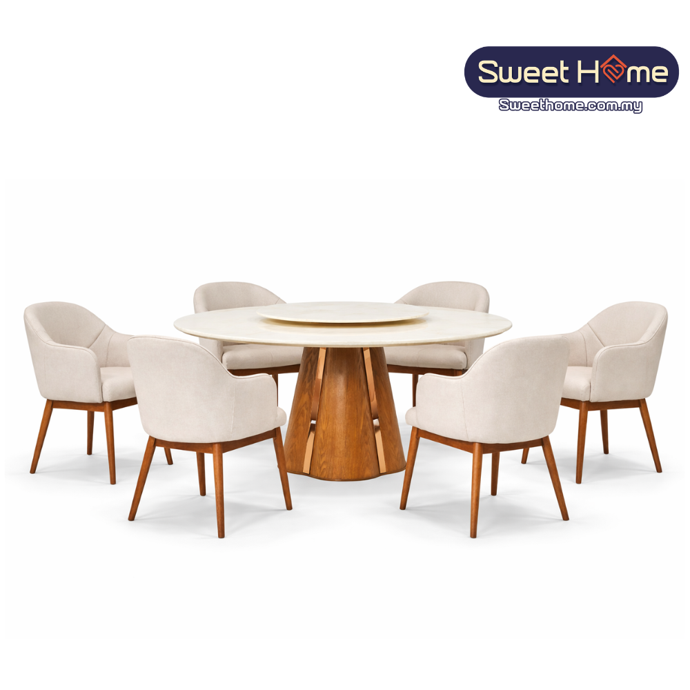 HANSEN Round Marble Dining Table Set – Natural Coated Marble Top with Solid Rubber Wood Base (6 / 8 Seater)