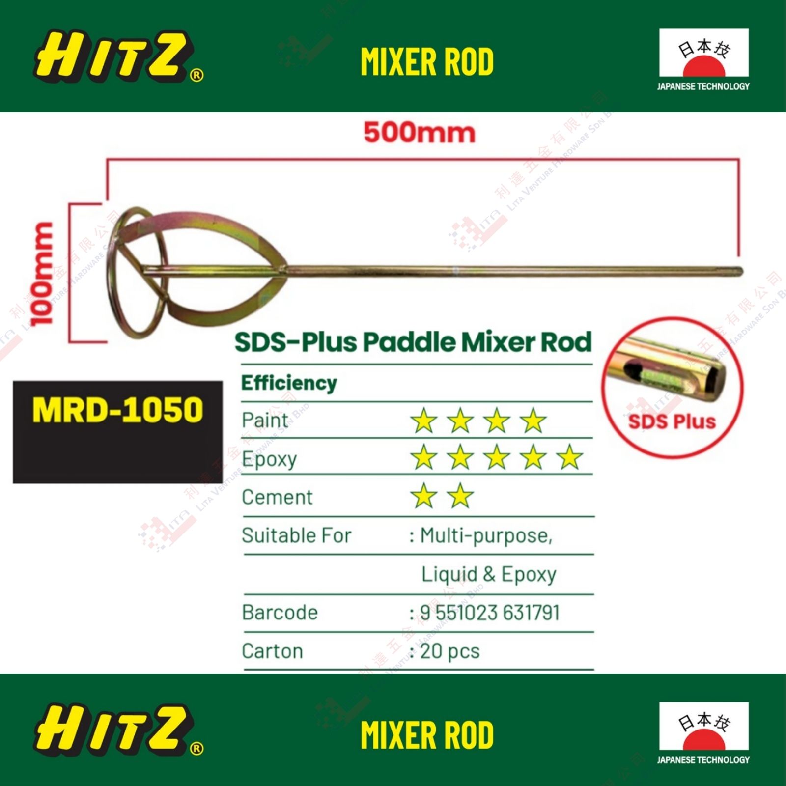 HITZ BRAND SDS PLUS PADDLE MIXER ROD - MRD1050 (2)