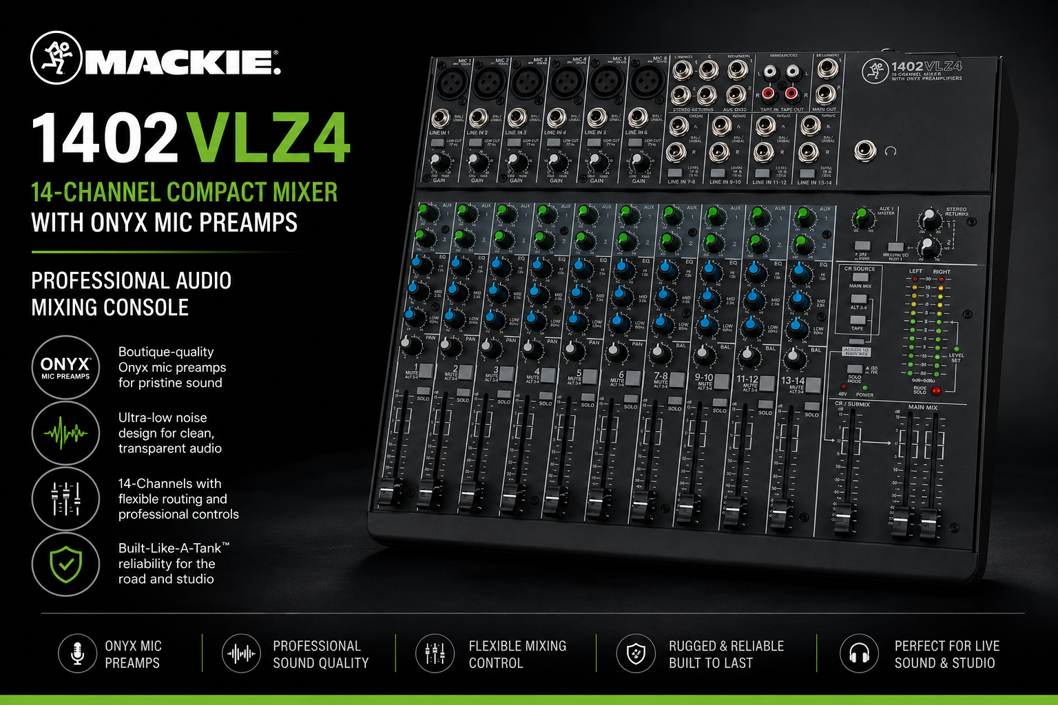 Mackie 1402VLZ4 14-Channel Compact Mixer with Onyx Mic Preamps | Professional Audio Mixing Console