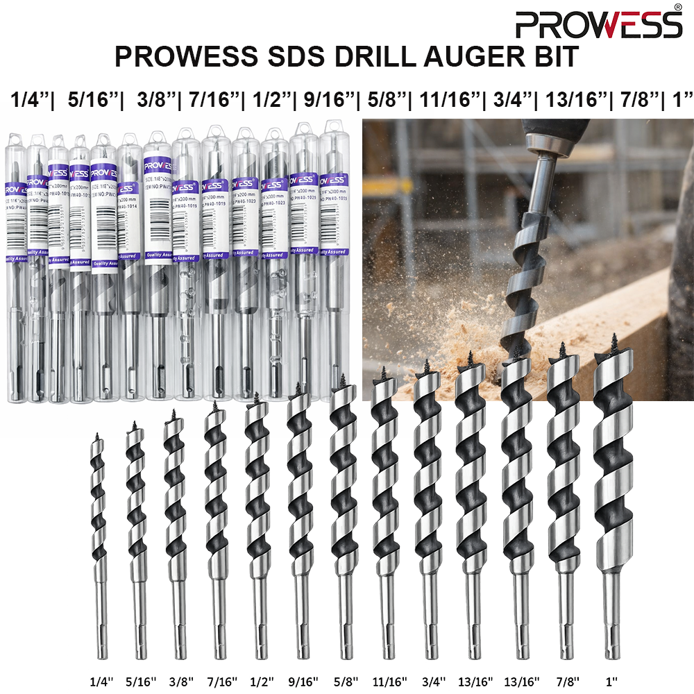 PROWESS SDS DRILL AUGER BIT | SDS PLUS WOOD AUGER BIT | PROFESSIONAL DEEP WOOD DRILL BIT 1/4”|  5/16”|  3/8”| 7/16”| 1/2”| 9/16”| 5/8”| 11/16”| 3/4”| 13/16”| 7/8”| 1” ( PW40-1006 | PW40-1008 | PW40-1010 | PW40-1011 | PW40-1013 | PW40-1014 | PW40-1016 | PW40-1018 | PW40-1019 | PW40-1020 | PW40-1023 | PW40-1025 )