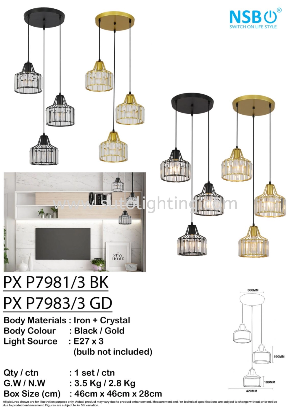 PX 7981/3 BK Pendant Light