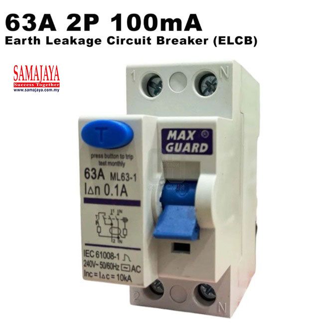 Maxguard 63A 2 Pole 0.1A/ 100mA ELCB/ RCCB