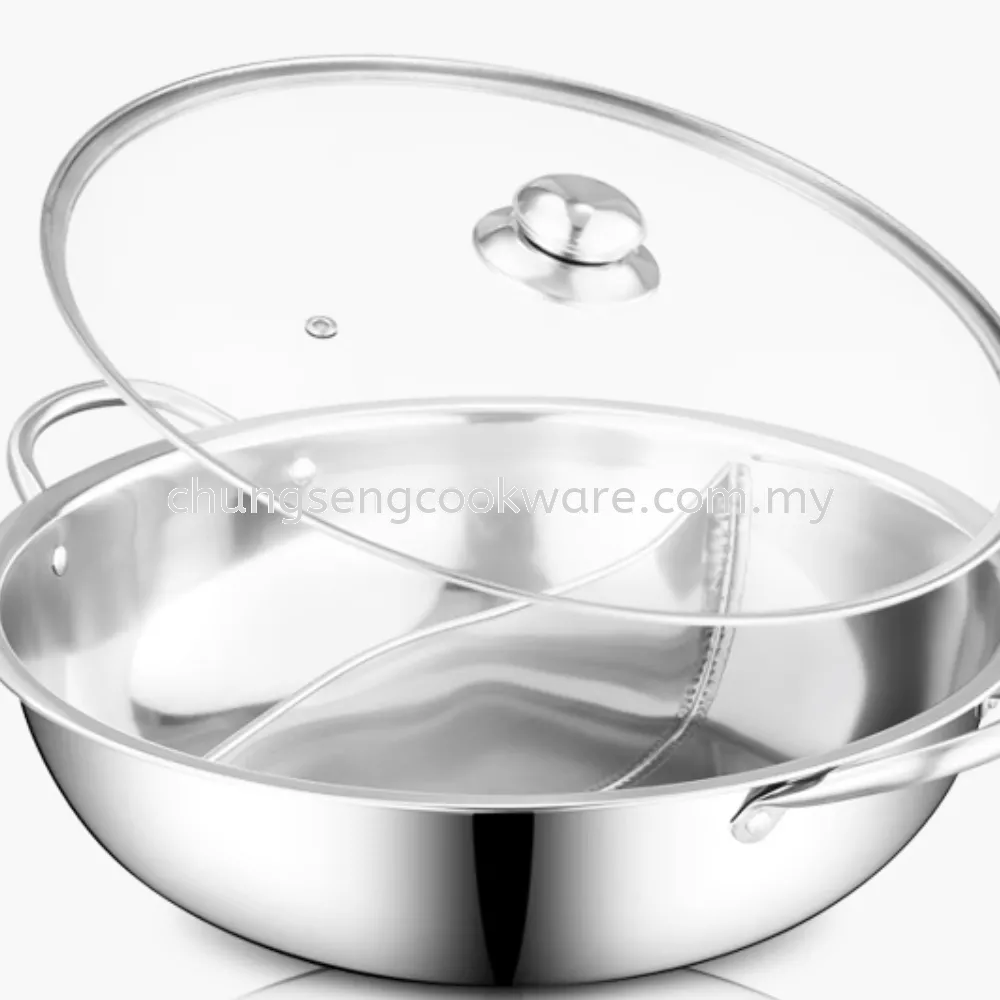 Stainless Steel Shabu-shabu Hot Pot With CLASS Lid/Two Divided 不锈钢鸳鸯火锅 Steamboat Pot (30cm) C6130