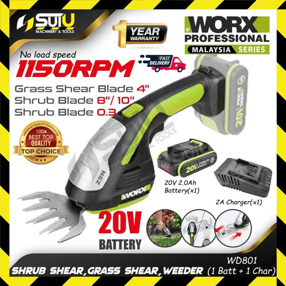 [SET] WORX WD801 / WD801E 20V 3in1 Shrub Shear / Grass Shear / Weeder 1150RPM w/ 1 x Battery 2.0Ah + 1 x Charger