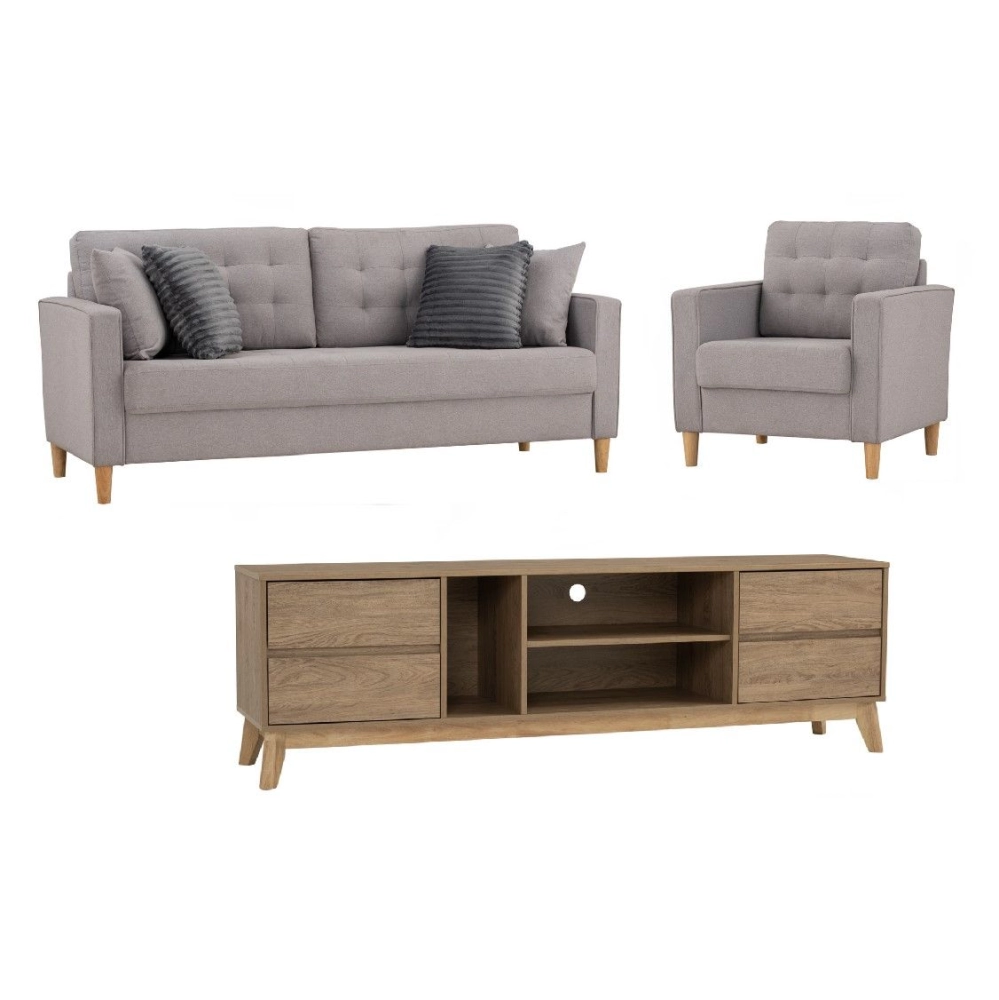 [Bundle Deal] Salvia 3 + 1 Seater Sofa (Grey) + Hirado TV Console (Natural)